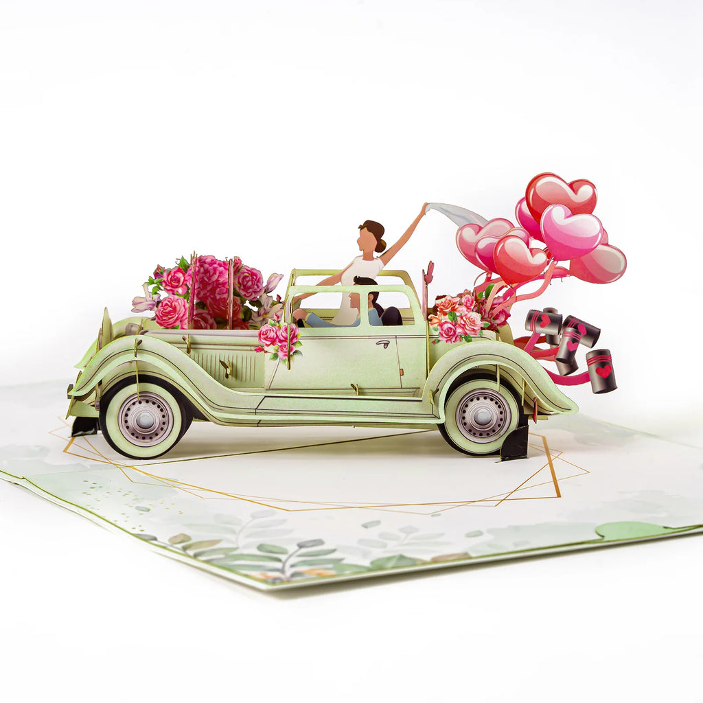 Tarjeta emergente de pareja de flores con globos de coche de boda de San Valentín, tarjeta de felicitación 3D romántica para parejas