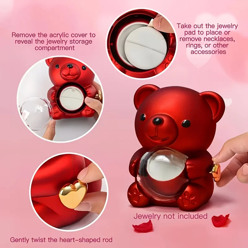 Caja de Regalo con Oso de Peluche y Rosas |   Joyero con Espacio Oculto para Anillo o Pendientes, Incluye Rosa Artificial, Regalo de San Valentín