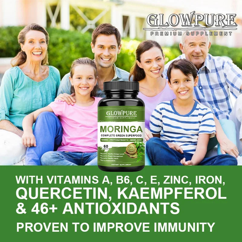 Cápsulas Pure Moringa: superalimento para energía, piel, salud inmune y intestinal con antioxidantes, vitaminas y aminoácidos