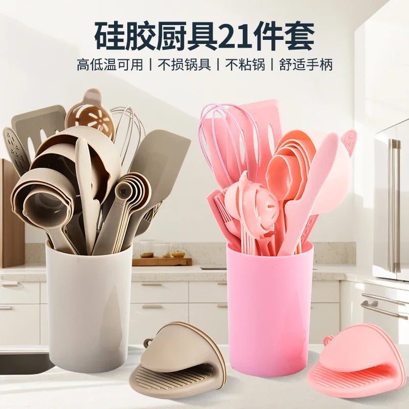 Utensilios de cocina de silicona integrados para hornear, juego de 21 piezas, sartén antiadherente resistente a altas temperaturas, espátula, cepillo de aceite, batidor de huevos para freír