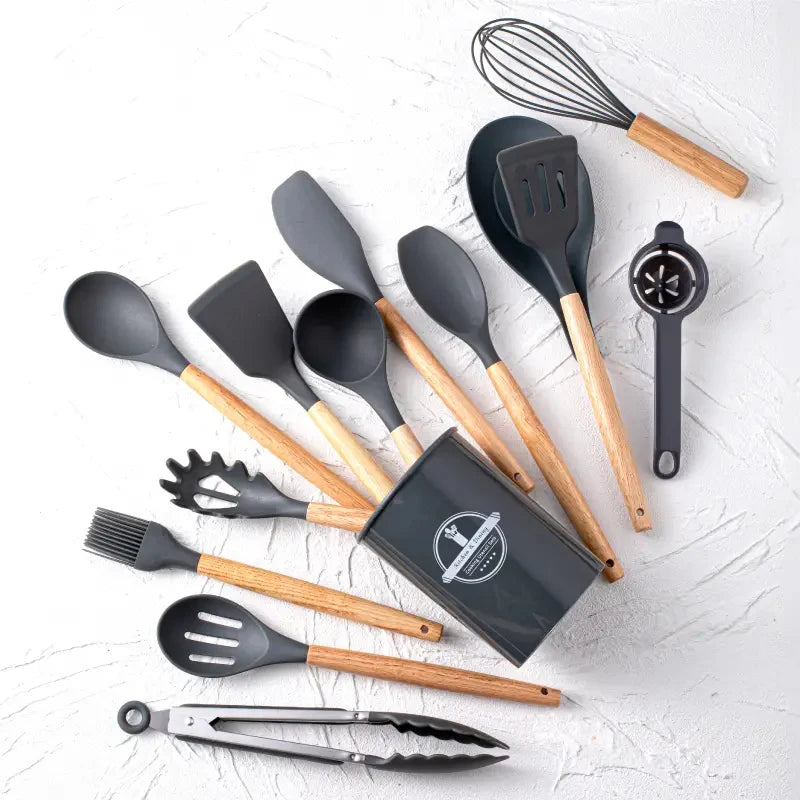 Juego de utensilios de silicona, 14 piezas, con soporte de plástico