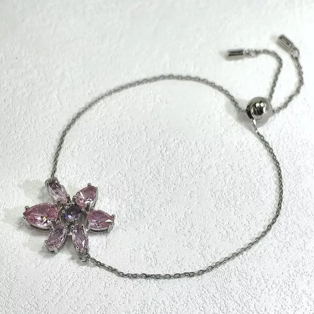 Dijes de moda, conjuntos de joyería fina, dijes de lujo, flores de cristal rosa, collar, pendientes, pulsera, accesorios de fiesta para mujer