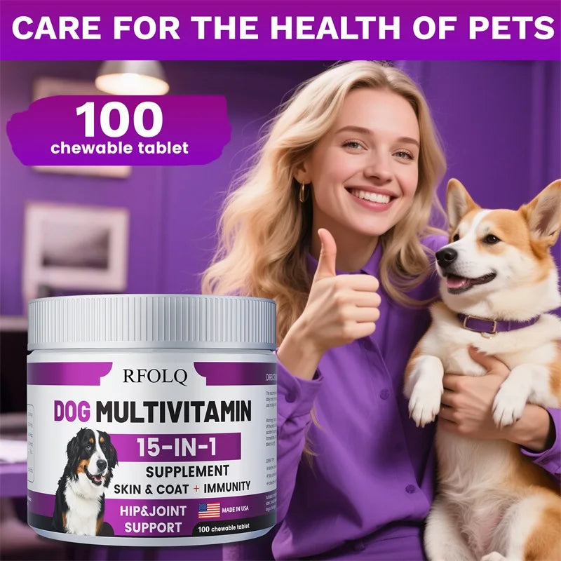 Multivitamina 15 en 1 para Perros – Soporte para Articulaciones, Piel, Digestión e Inmunidad (100 Tabletas Masticables)