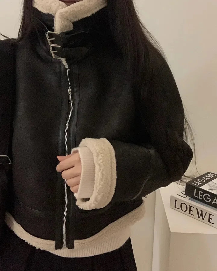 Chaqueta de Motocicta de Gamuza Retro Chic para Mujer, Estilo Casual y Moderno, Top de Manga Larga de Aodón para Mujeres...