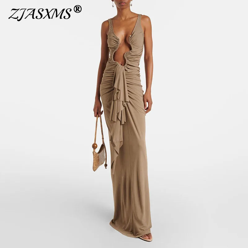 Ropa de mujer de moda 2025 primavera Sexy cuello en V profundo volante hueco vestido largo ajustado correas de verano espalda descubierta Zip vestidos de fiesta elegantes