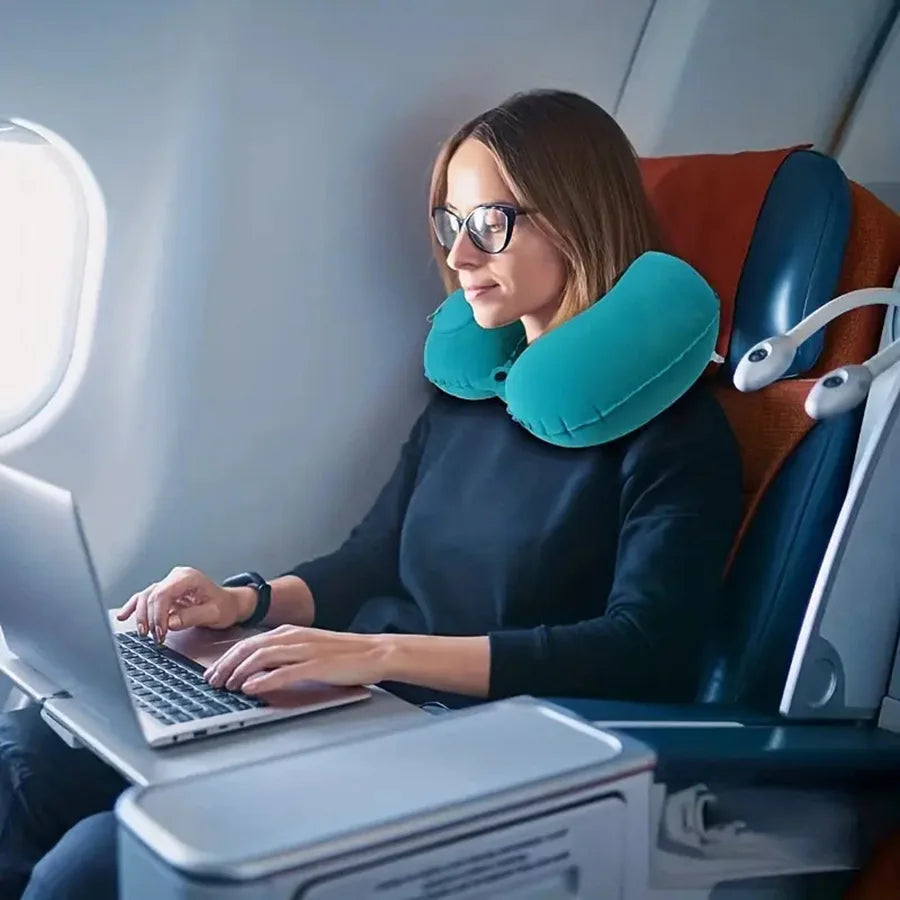 Almohada inflable flocada para el cuello, portátil, que se puede almacenar y llenar, adecuada para viajes al aire libre, viajes de negocios, camping