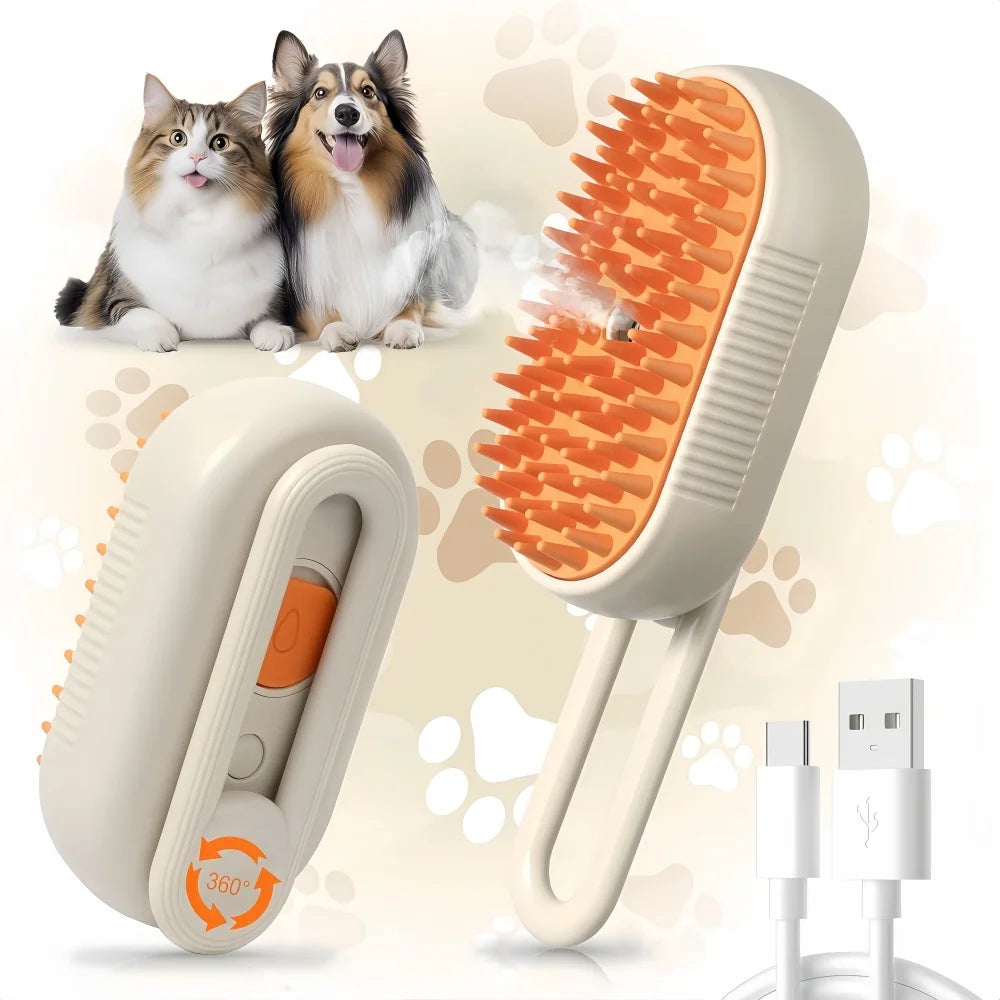 Cepillo de Vapor 3 en 1 para Gatos | Elimina Pelo Suelto, Masaje Relajante y Spray Vaporizador – Recargable USB