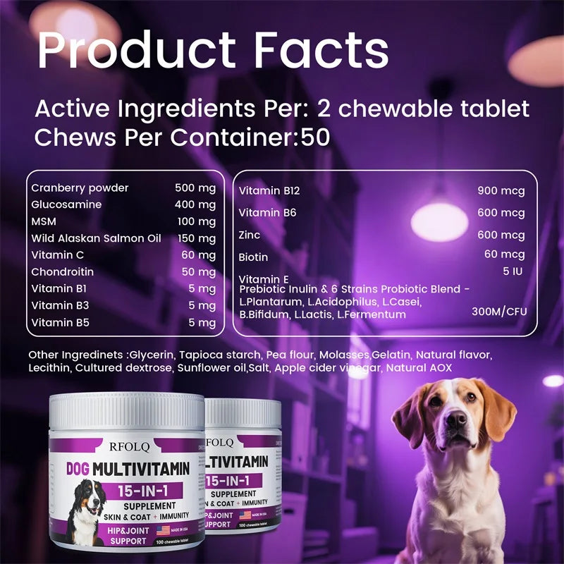 Multivitamina 15 en 1 para Perros – Soporte para Articulaciones, Piel, Digestión e Inmunidad (100 Tabletas Masticables)