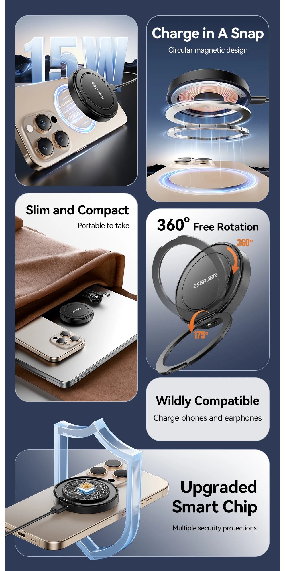 Cargador inalámbrico magnético Essager con soporte 15W carga rápida para iPhone17 16 15 14Pro Max Airpods Mini cargador de teléfono inalámbrico