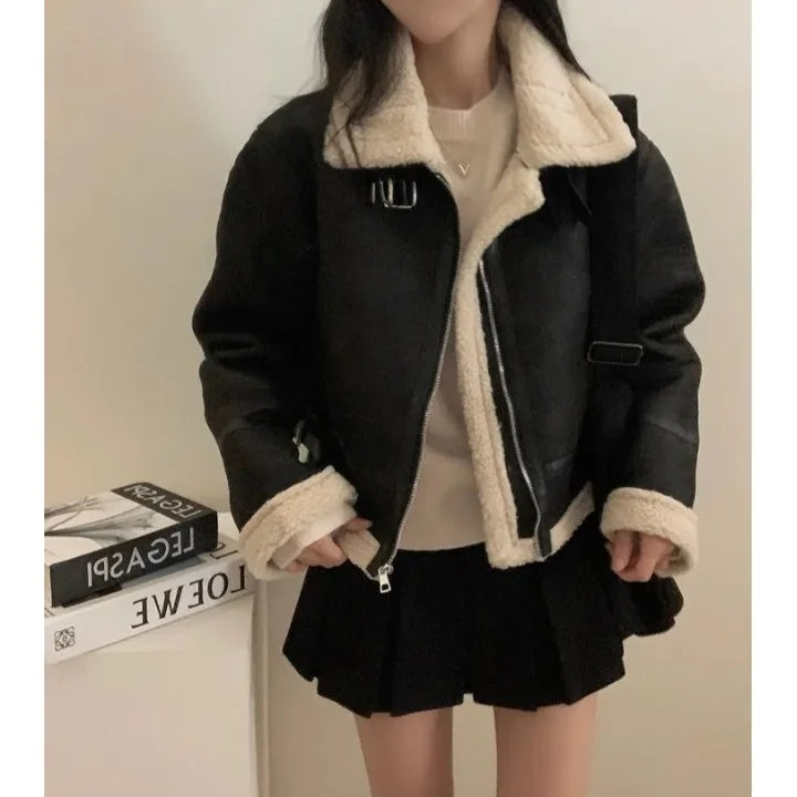 Chaqueta de Motocicta de Gamuza Retro Chic para Mujer, Estilo Casual y Moderno, Top de Manga Larga de Aodón para Mujeres...