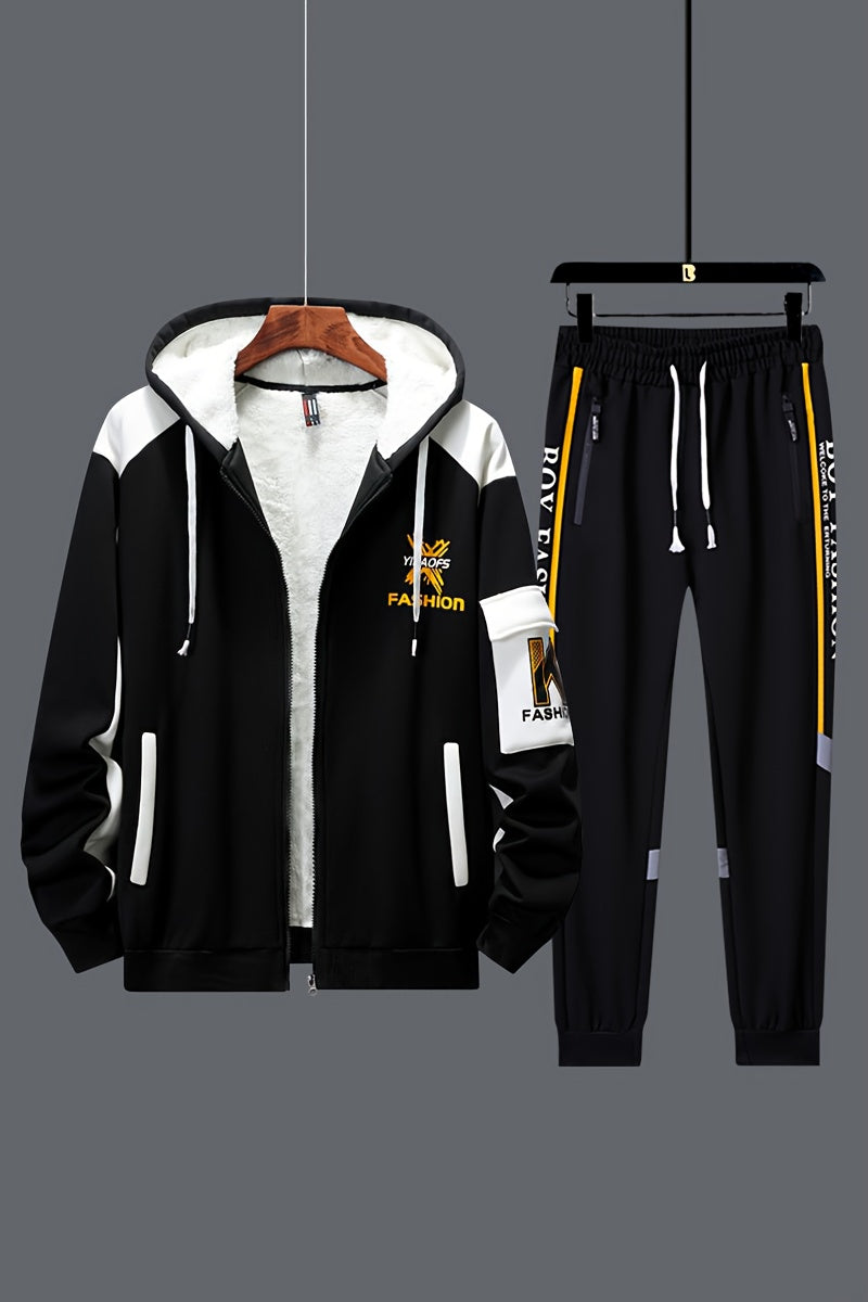 2pcs Men's Thermal Winter Jacket & Pants Set - Hooded Full-Zip Jacket with Matching Black/Yellow Track Pants, Bee Logo-like Patches (No Bees), Belted Waist & Pockets - Cold Weather Outfit for Skiing, Activities, Winter Suit M