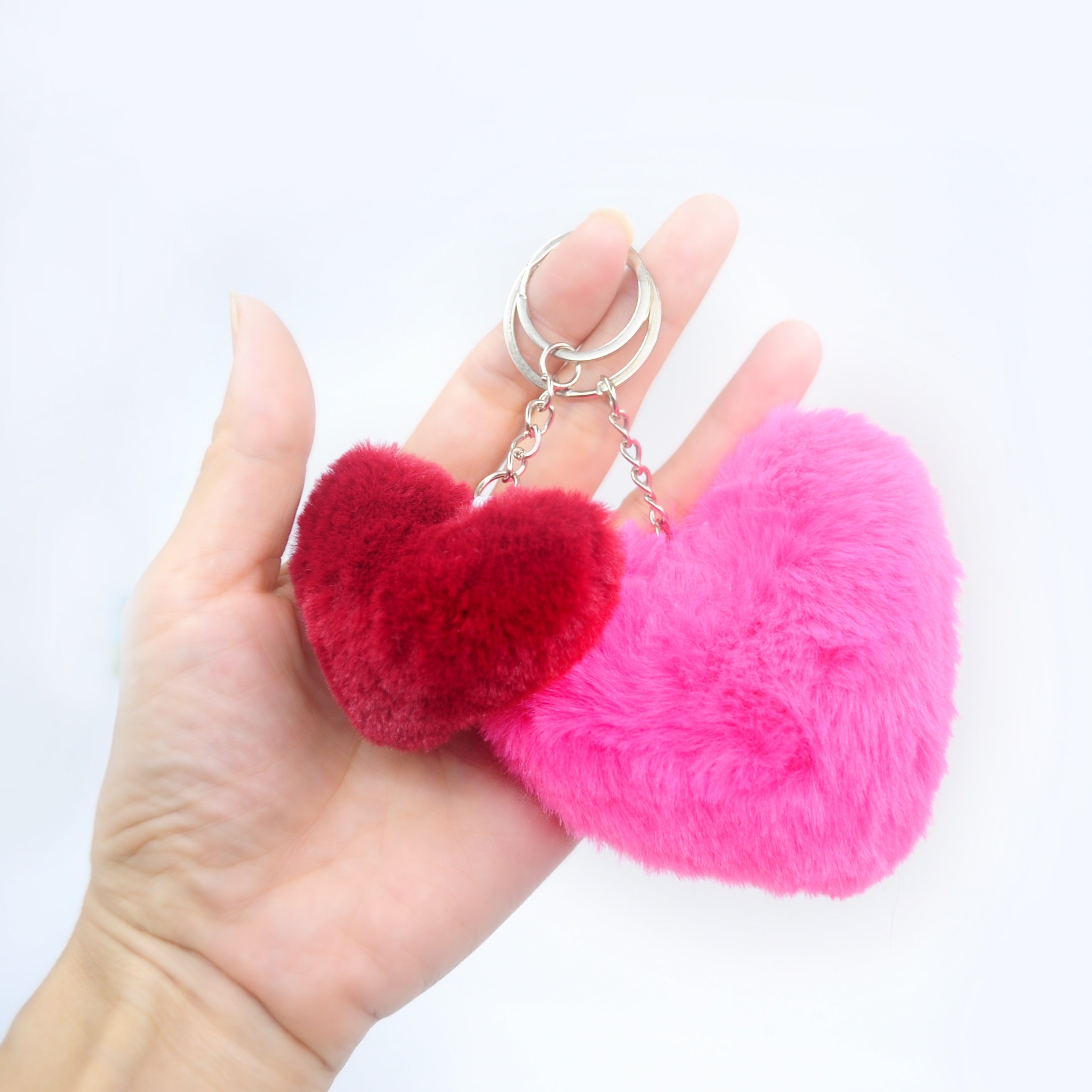 52pcs Heart-Shaped Faux Fur Pom Keychain Set, DIY Craft Kit with 12 Plush Balls, 20 Metal Rings & 20 Keychains, Ideal for Women'S Key Rings, Bag Charms, Valentine'S Day Gifts & Craft Projects