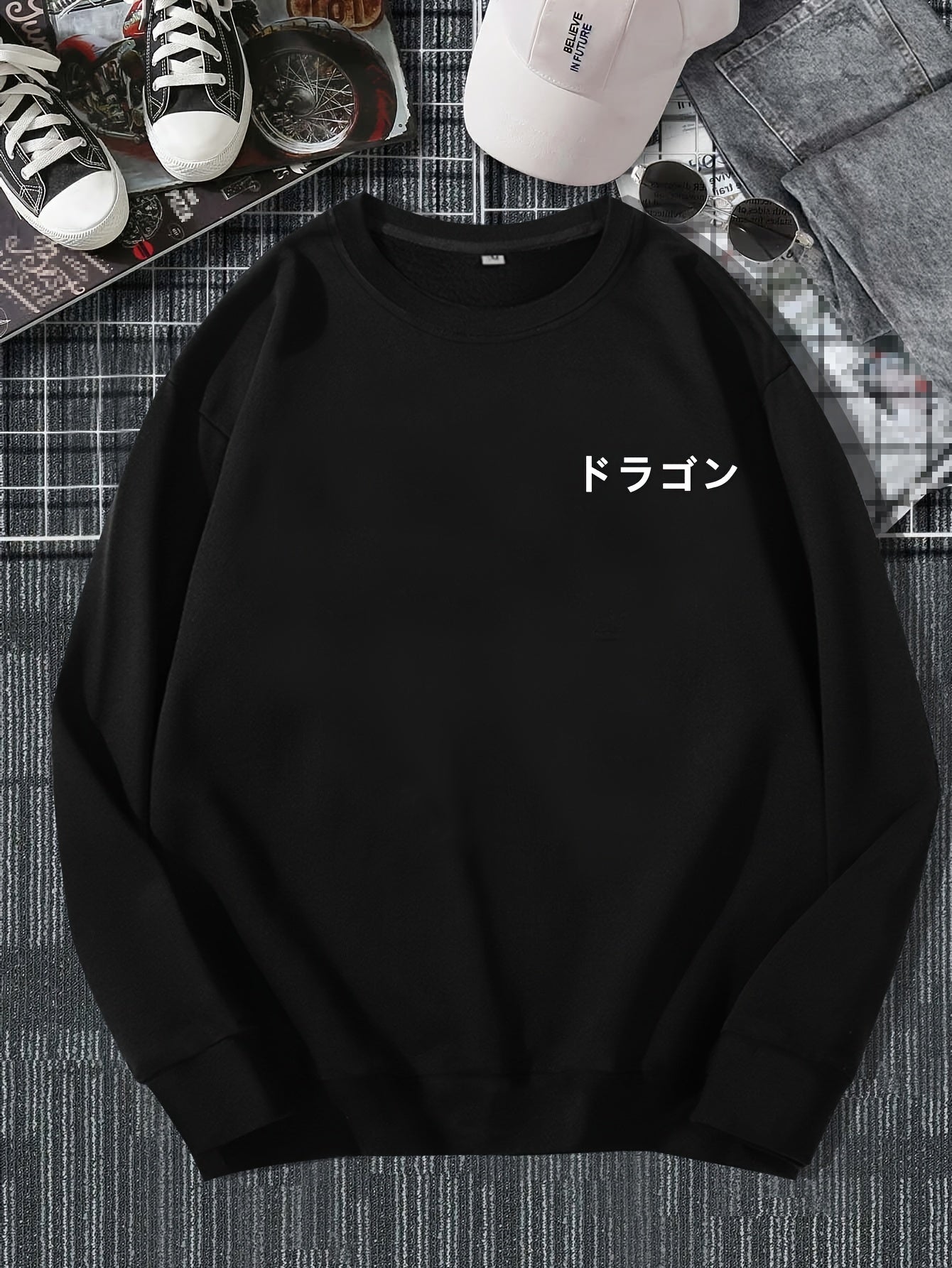 Men's Casual Japanese Characters & Chinese Dragon Print Crew Neck Sweatshirt