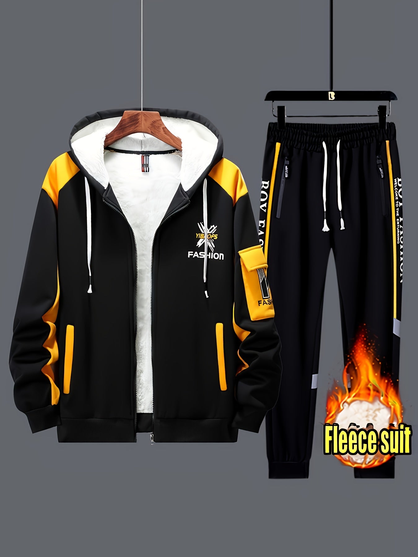 2pcs Men's Thermal Winter Jacket & Pants Set - Hooded Full-Zip Jacket with Matching Black/Yellow Track Pants, Bee Logo-like Patches (No Bees), Belted Waist & Pockets - Cold Weather Outfit for Skiing, Activities, Winter Suit M