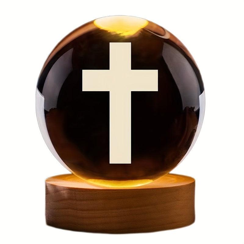 1pc Creative 3D Laser Engraved Crystal Ball LED Night Light, Living Room Bedroom Desktop Decoration Ornament Thanksgiving Day Hanukkah Cross Handheld Valentine's Day, For Wife Friends Birthday Gift