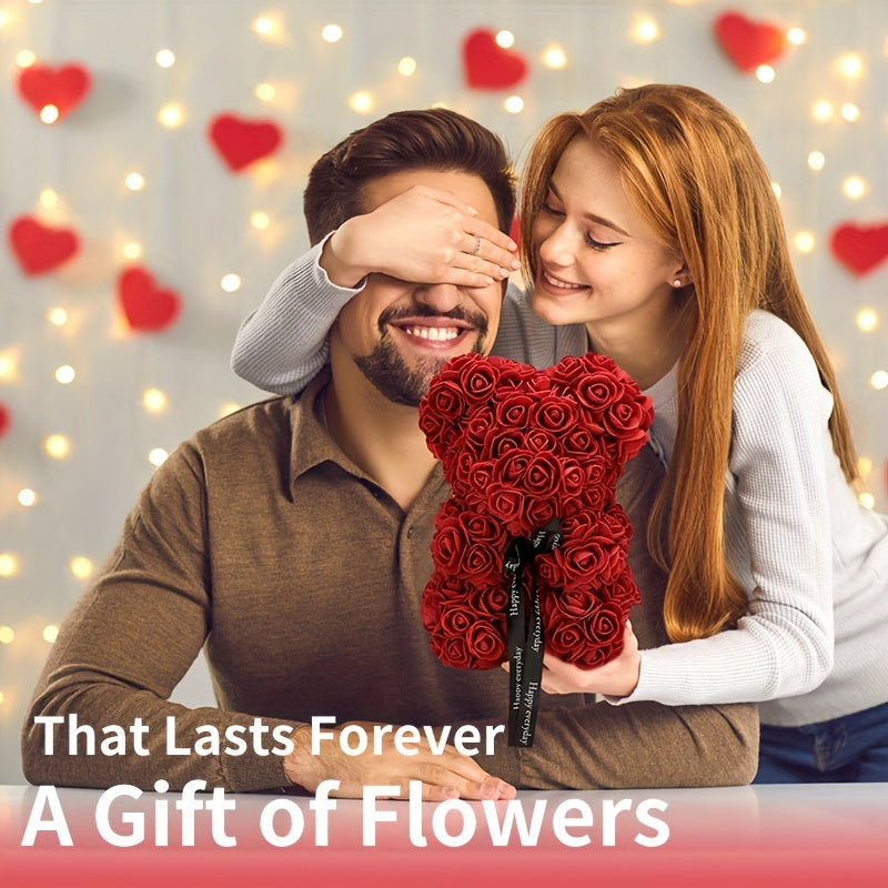 Valentine's Day Artificial Rose Bear - Mother's Day, Christmas, Hanukkah, Thanksgiving Gift - Plastic Forever Roses Home Decor for Proposal, Anniversary, Girlfriend