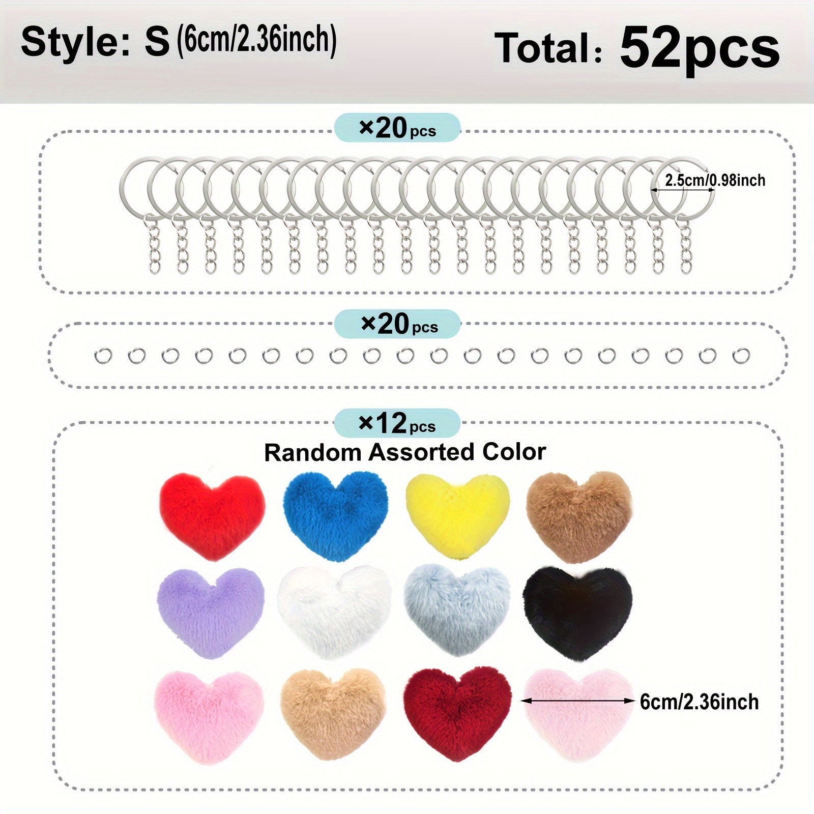 52pcs Heart-Shaped Faux Fur Pom Keychain Set, DIY Craft Kit with 12 Plush Balls, 20 Metal Rings & 20 Keychains, Ideal for Women'S Key Rings, Bag Charms, Valentine'S Day Gifts & Craft Projects