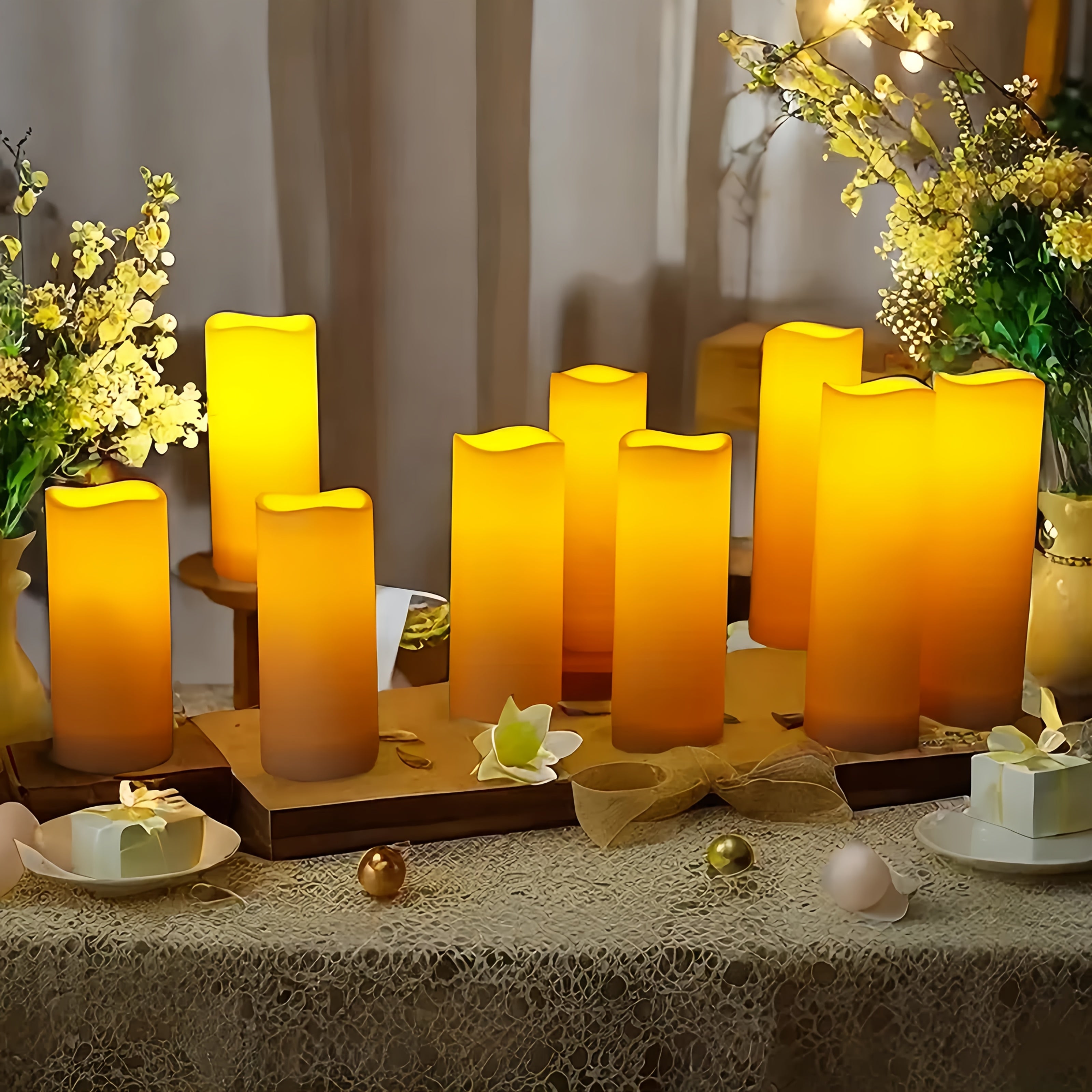 9pcs/12pcs flameless candles, battery operated candles, pillar candles, LED candles, decorative lanterns, white candles, christmas decoration, new year decoration, bye 2024, helo2025, valentine's day decoration, easter decora