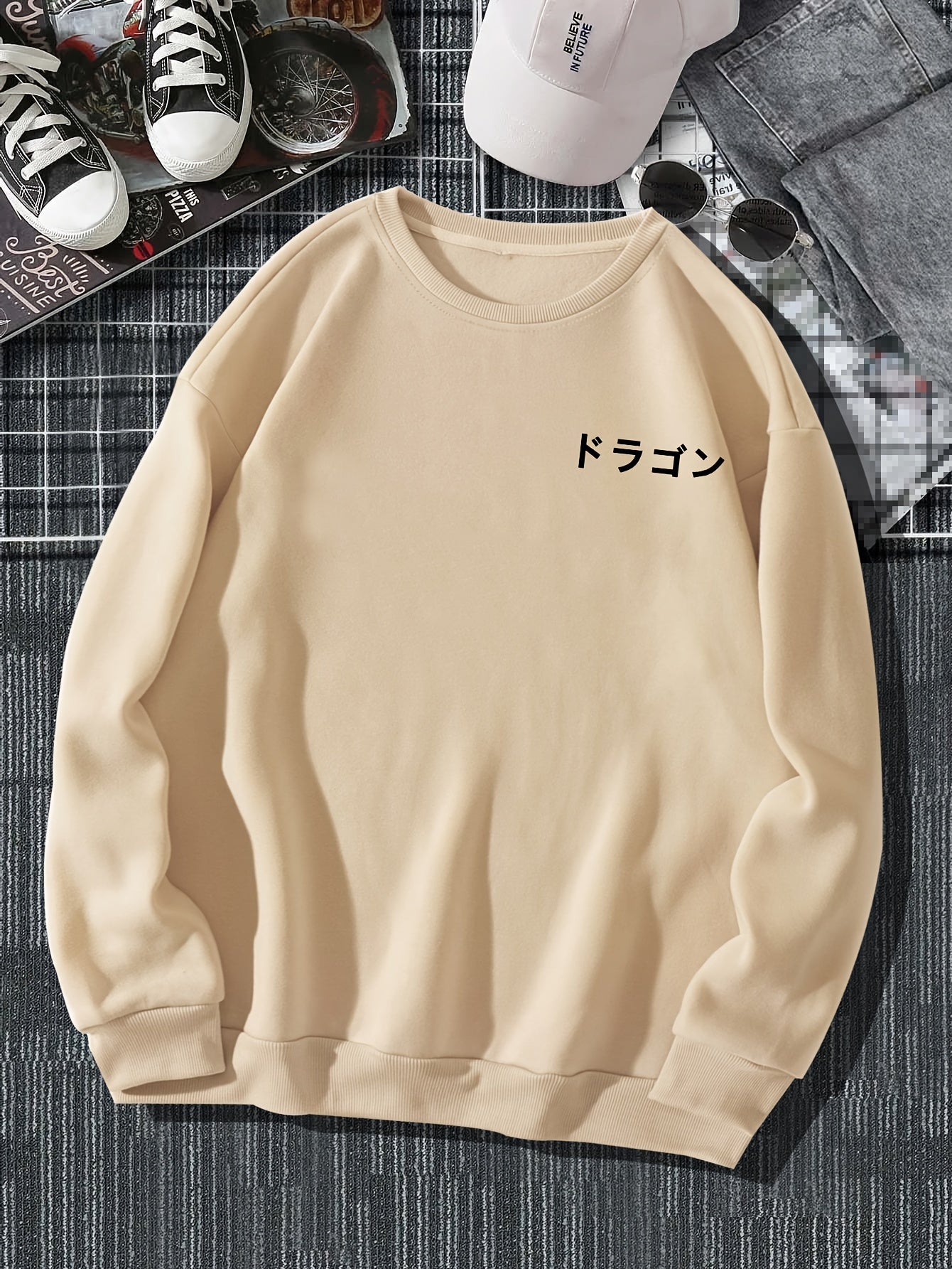 Men's Casual Japanese Characters & Chinese Dragon Print Crew Neck Sweatshirt