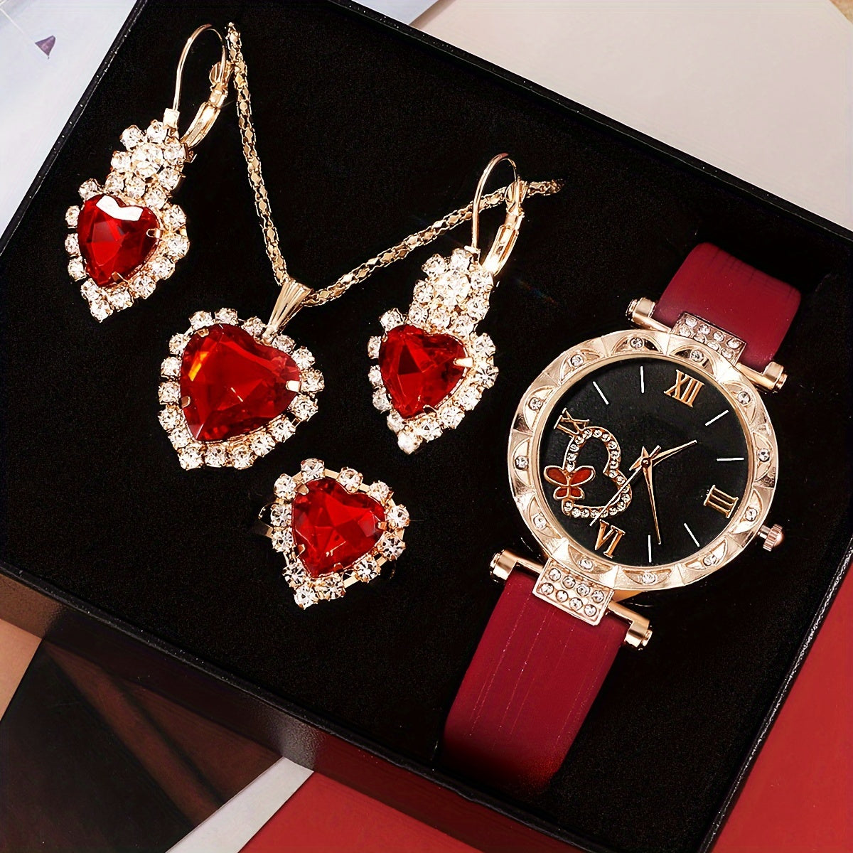 5pcs/set Women's Cute Heart Quartz Watch Elegant Rhinestone Analog Wrist Watch & Jewelry Set, Valentine's Day Gift For Her