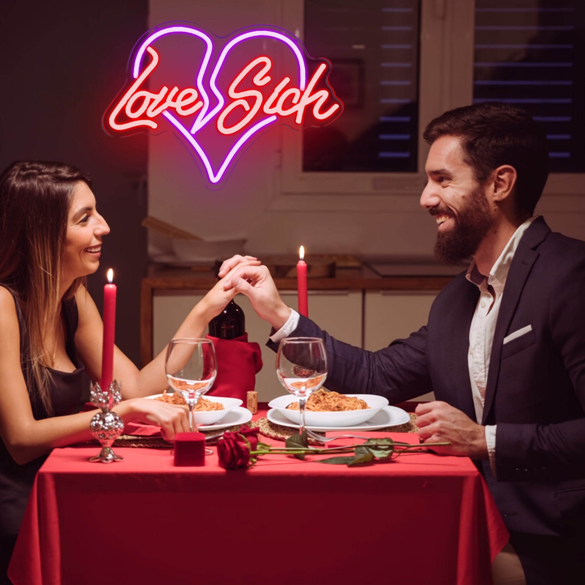 "Love Sick" Heart Neon Sign, LED Wall Decor, Plastic, USB Powered, Switch Control, No Battery, Wireless, for Bedroom, Wedding, Party, Living Room, Valentine's Day Gift
