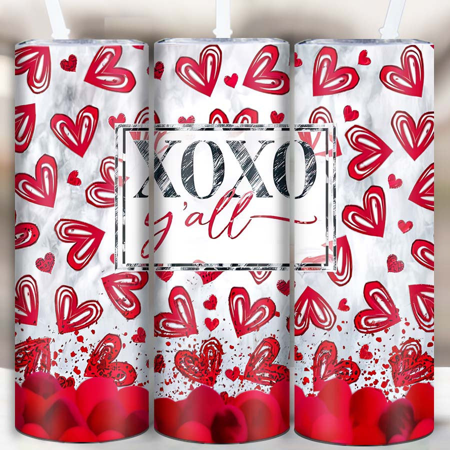 Vaso Térmico de Acero Inoxidable 20oz con Tapa y Popote | Diseño XOXO de Corazones Rojos – Regalo Ideal para San Valentín y Fechas Especiales