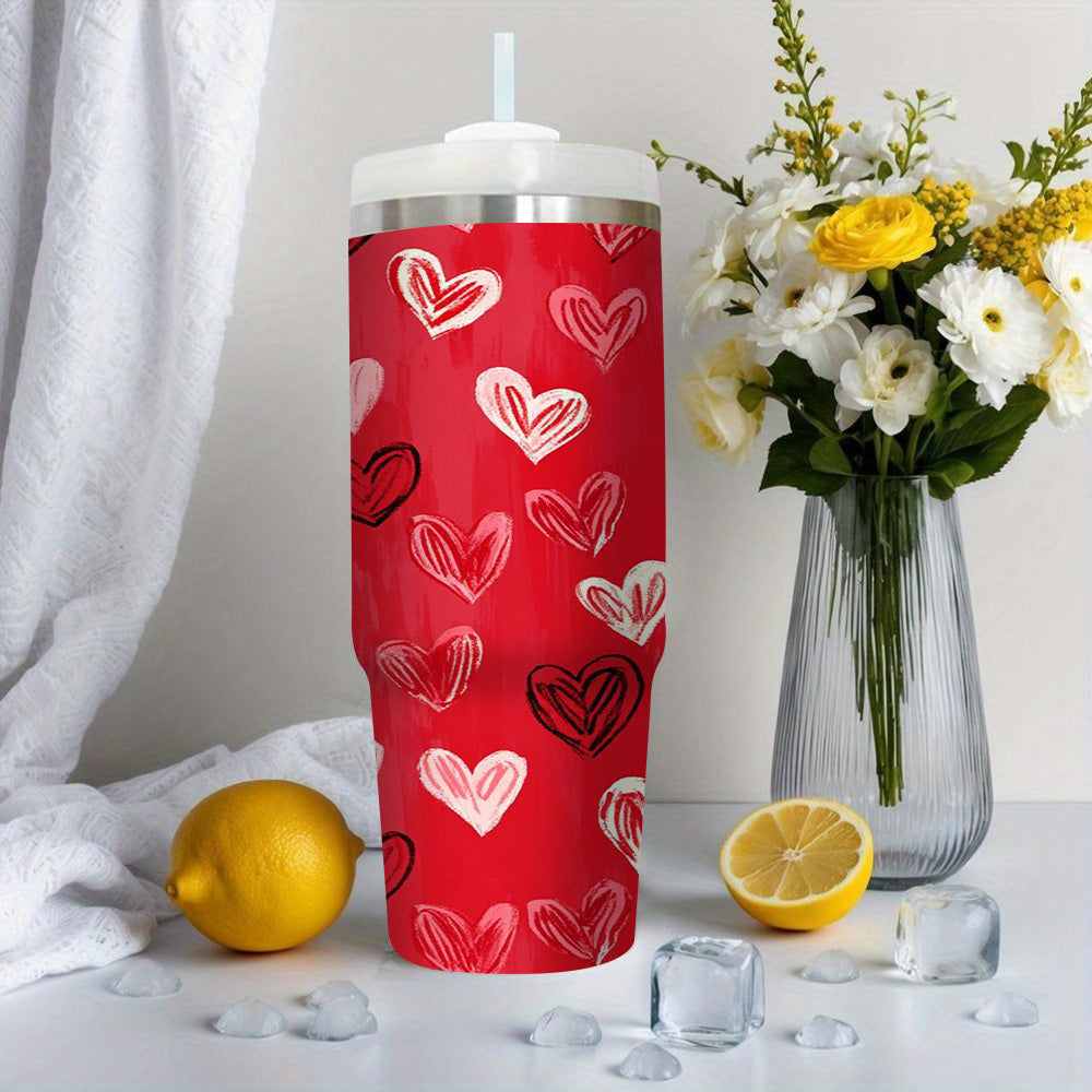 1pc Valentine'S Day Heart Pattern 304 Stainless Steel Tumbler with BPA-Free Lid and Straw - Double-Wall Insulated, Leak-Proof, Portable Drinkware for Outdoor Use