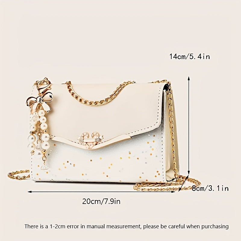 Fashionable Bohemian Beige PU Crossbody Bag with Tassel Charm - Urban Style Flap Shoulder Bag with Metal Chain Strap, Lightweight and Portable for Shopping, Office, College, Travel - Ideal Gift for Women, Occasion Theme, Vale