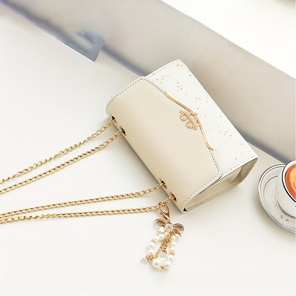 Fashionable Bohemian Beige PU Crossbody Bag with Tassel Charm - Urban Style Flap Shoulder Bag with Metal Chain Strap, Lightweight and Portable for Shopping, Office, College, Travel - Ideal Gift for Women, Occasion Theme, Vale