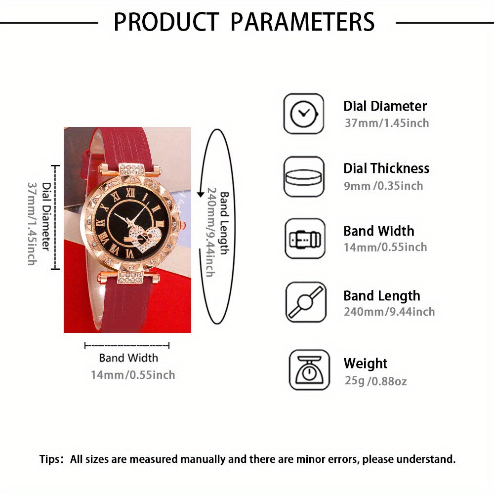 5pcs/set Women's Cute Heart Quartz Watch Elegant Rhinestone Analog Wrist Watch & Jewelry Set, Valentine's Day Gift For Her