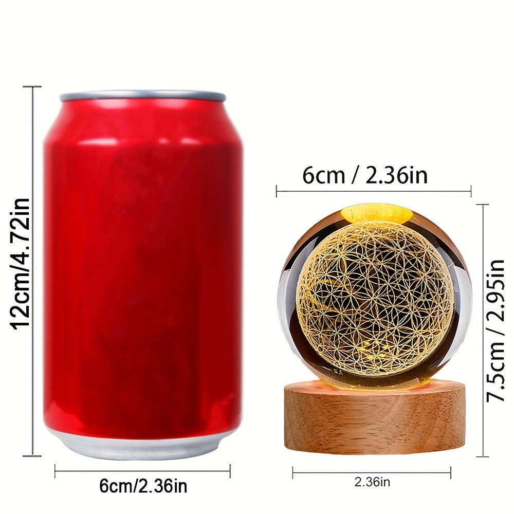 3D Flower of Life Crystal Ball Night Light - Art Deco Glass Sculpture, USB Powered Tabletop Decor for Home, Valentine's Day, Christmas, Halloween, Father's Day, Mother's Day, Graduation - Spiritual Healing Grid Globe Gift for