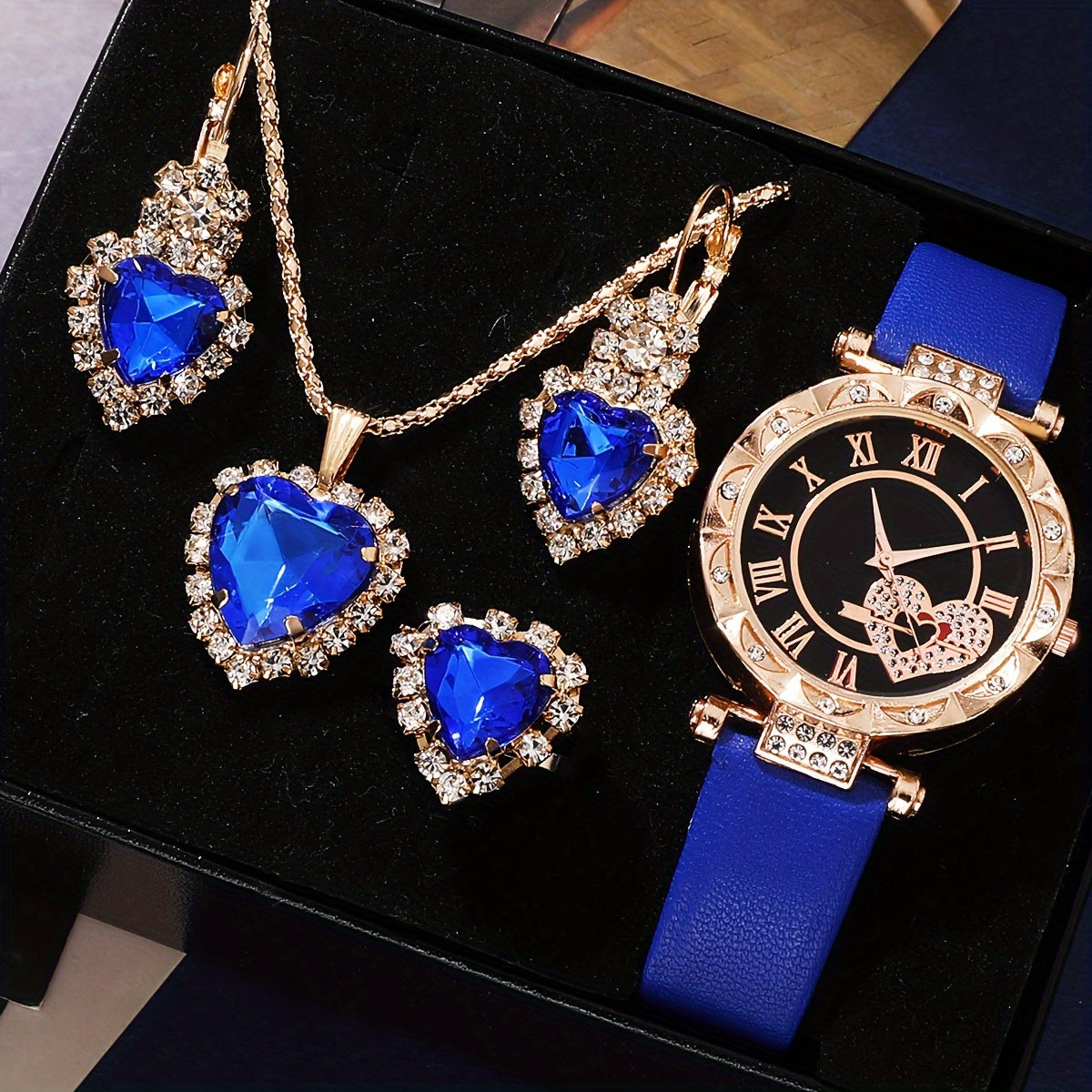 5pcs/set Women's Cute Heart Quartz Watch Elegant Rhinestone Analog Wrist Watch & Jewelry Set, Valentine's Day Gift For Her