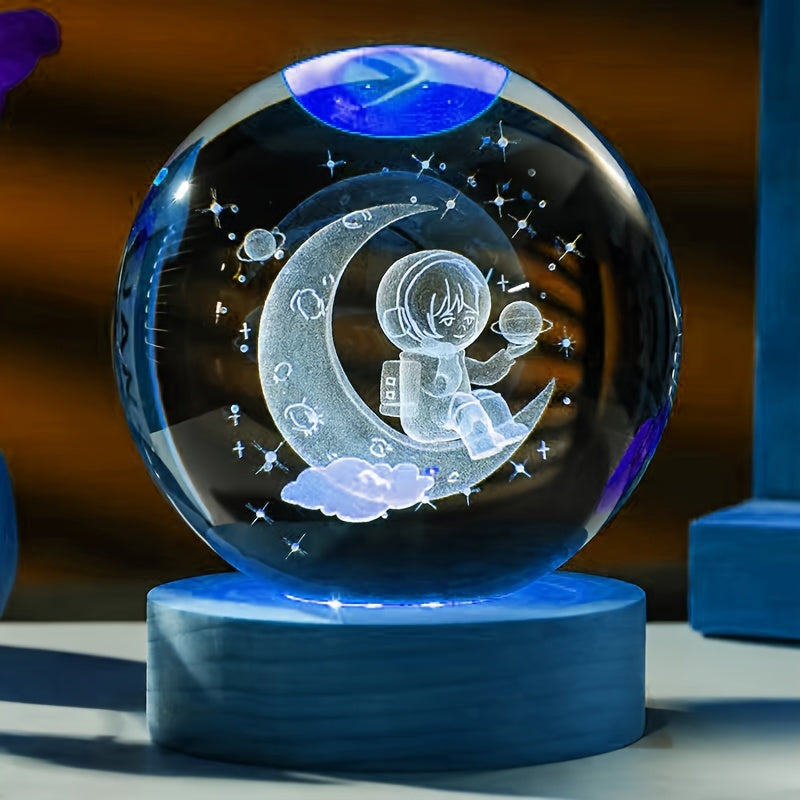 1pc 3D Carved Moon Astronaut Crystal Balls Ornament, Various Colors Base, Small Night Lights, Mom Gifts, Gifts For Her/Him, Gifts For Girlfriends, Valentine's Day Gifts, Birthday Gifts, For Home Room Living Room Office Decor