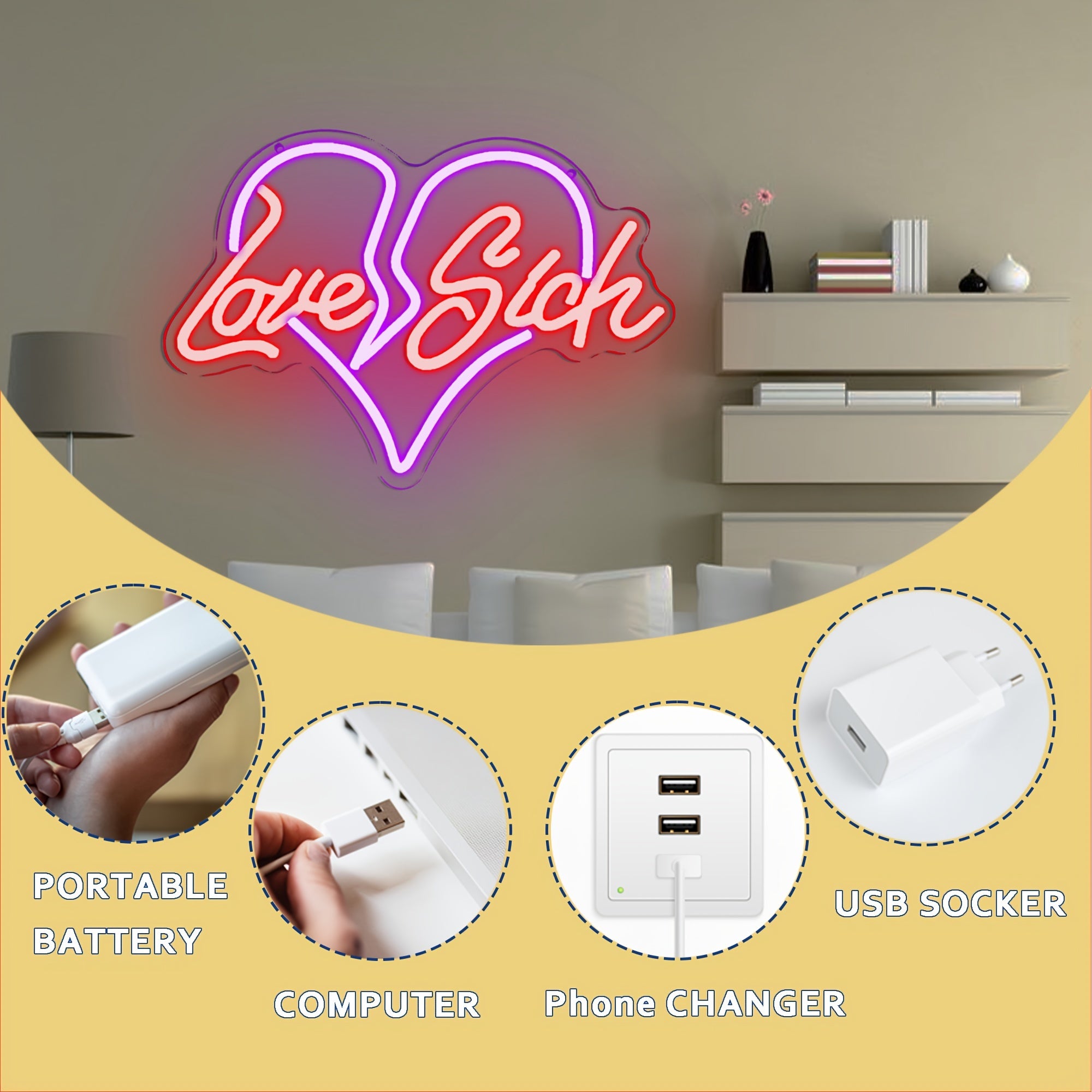 "Love Sick" Heart Neon Sign, LED Wall Decor, Plastic, USB Powered, Switch Control, No Battery, Wireless, for Bedroom, Wedding, Party, Living Room, Valentine's Day Gift