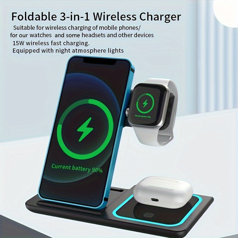 Estación de Carga Inalámbrica 3 en 1 Plegable - Cargador Rápido para iPhone, Apple Watch y AirPods
