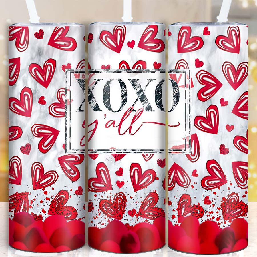 Vaso Térmico de Acero Inoxidable 20oz con Tapa y Popote | Diseño XOXO de Corazones Rojos – Regalo Ideal para San Valentín y Fechas Especiales
