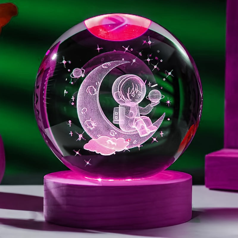1pc 3D Carved Moon Astronaut Crystal Balls Ornament, Various Colors Base, Small Night Lights, Mom Gifts, Gifts For Her/Him, Gifts For Girlfriends, Valentine's Day Gifts, Birthday Gifts, For Home Room Living Room Office Decor