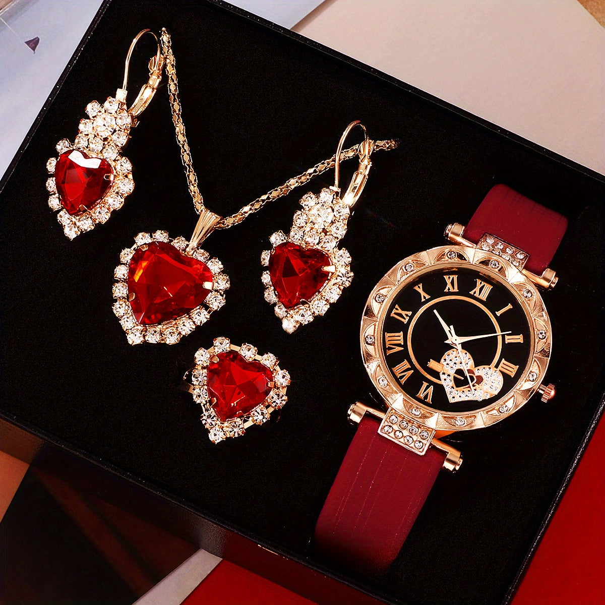 5pcs/set Women's Cute Heart Quartz Watch Elegant Rhinestone Analog Wrist Watch & Jewelry Set, Valentine's Day Gift For Her