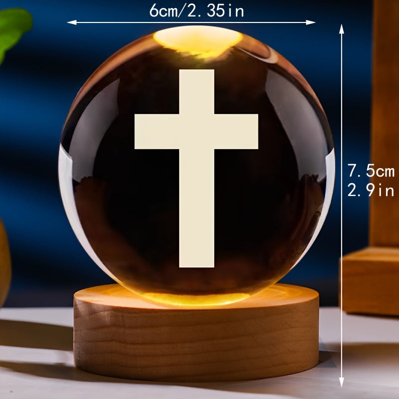 1pc Creative 3D Laser Engraved Crystal Ball LED Night Light, Living Room Bedroom Desktop Decoration Ornament Thanksgiving Day Hanukkah Cross Handheld Valentine's Day, For Wife Friends Birthday Gift