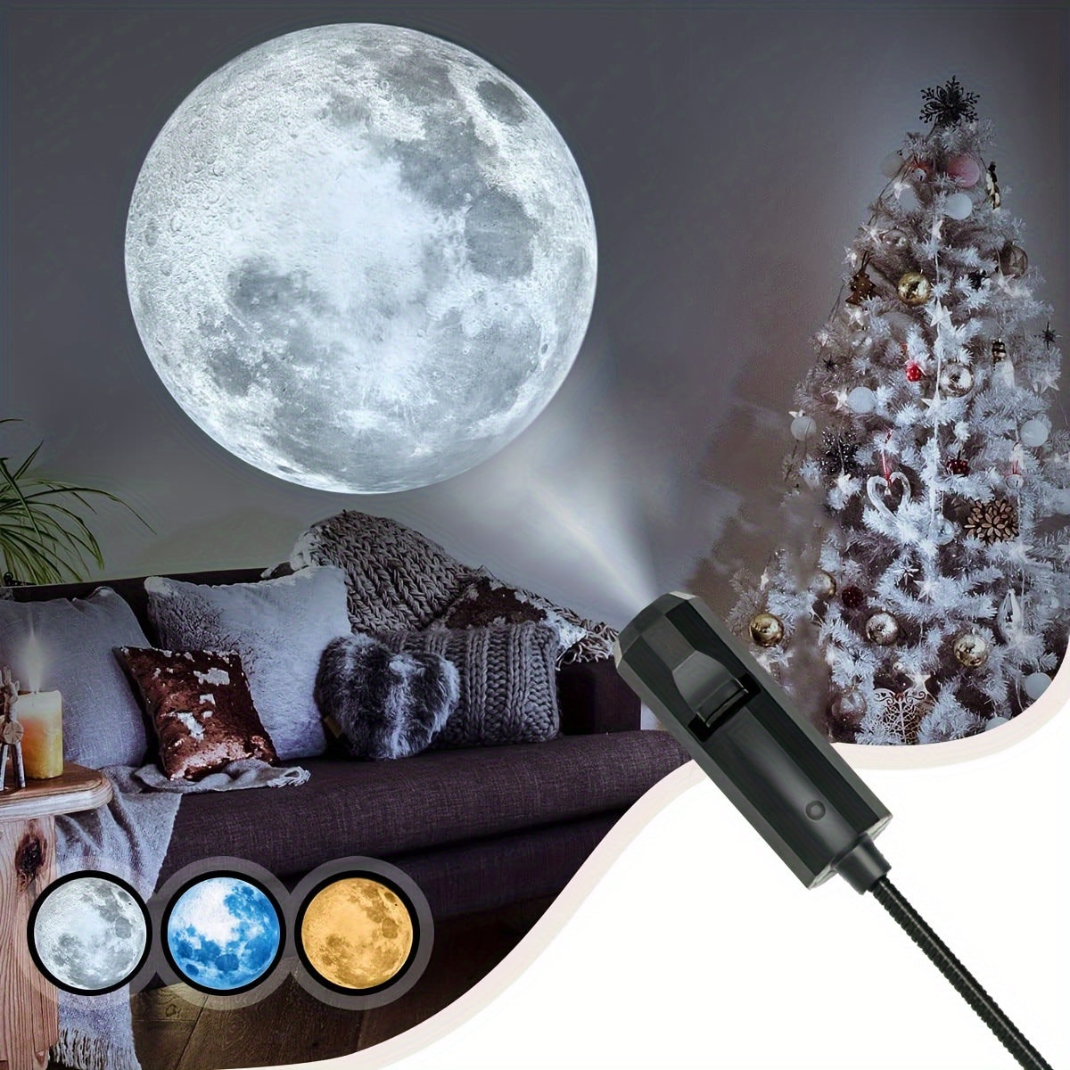1 lamp + 3 colored moon filters (yellow, white, blue). USB plug-in portable LED projection light for bedroom ceiling photo background decoration, 360° rotatable decorative light. Perfect for Valentine's Day, proposal, weddin