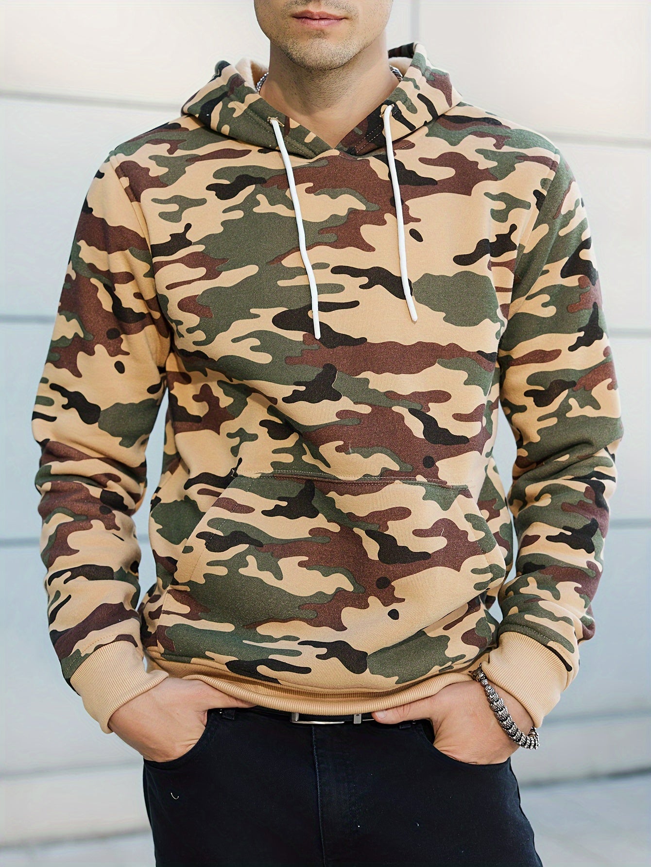 Men's Camouflage Loose Pullover Hooded Fleece Sweatshirt for Autumn And Winter, Hooded, Fleece