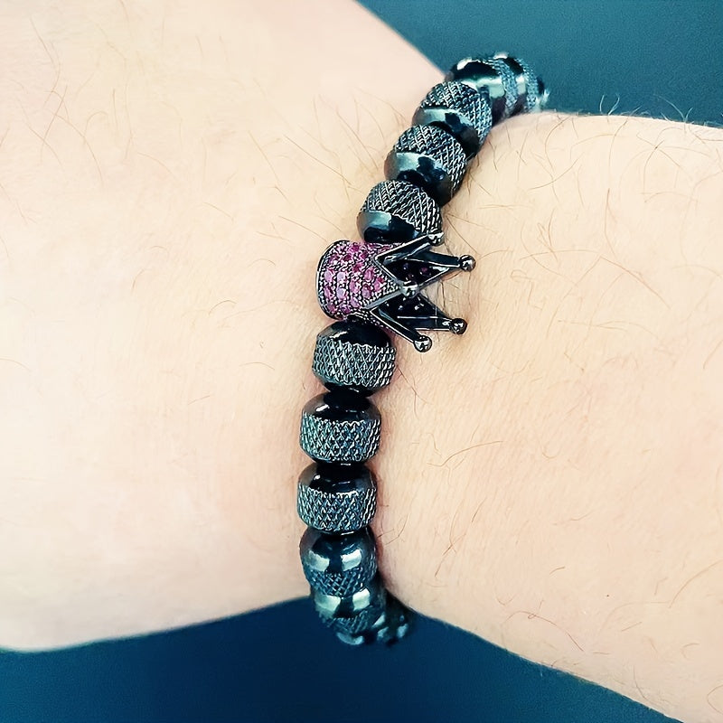 1pc CZ Golden Crown Charms Stainless Steel Beads Man Bracelet Jewelry, Valentine's Day Gift, Father's Day Gift