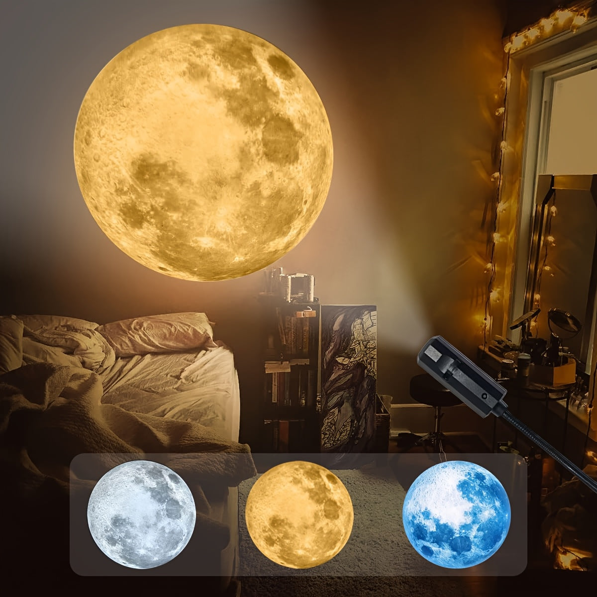 1 lamp + 3 colored moon filters (yellow, white, blue). USB plug-in portable LED projection light for bedroom ceiling photo background decoration, 360° rotatable decorative light. Perfect for Valentine's Day, proposal, weddin