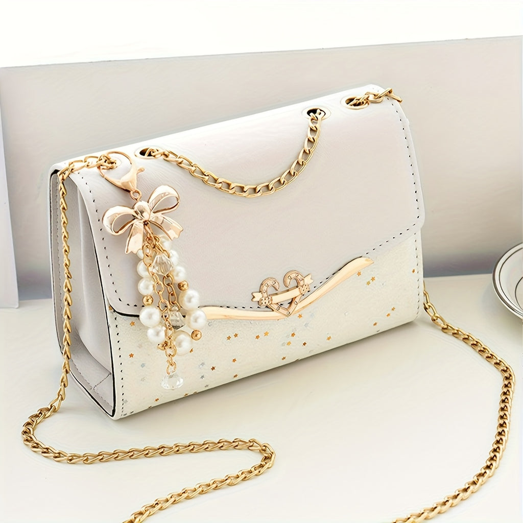 Fashionable Bohemian Beige PU Crossbody Bag with Tassel Charm - Urban Style Flap Shoulder Bag with Metal Chain Strap, Lightweight and Portable for Shopping, Office, College, Travel - Ideal Gift for Women, Occasion Theme, Vale