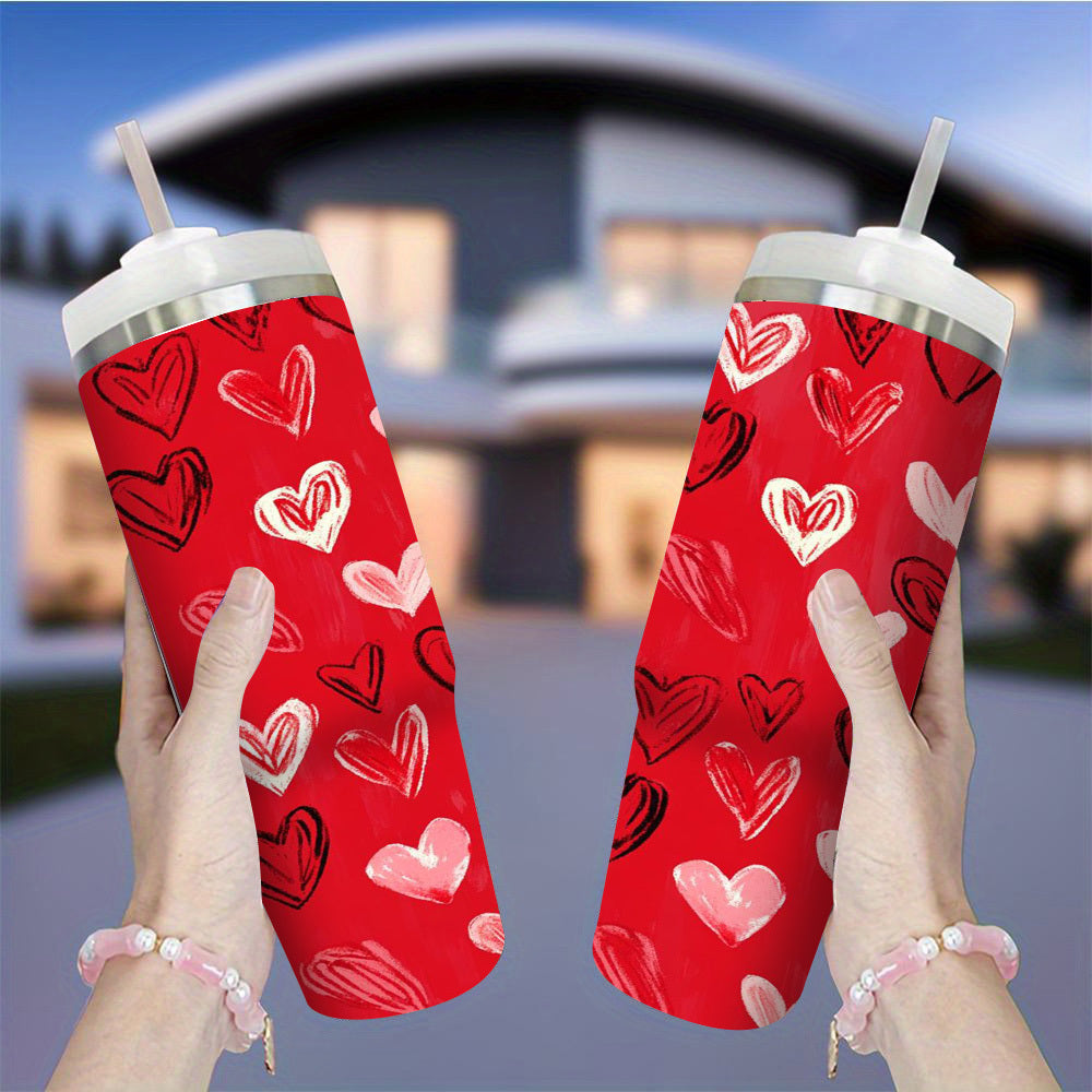 1pc Valentine'S Day Heart Pattern 304 Stainless Steel Tumbler with BPA-Free Lid and Straw - Double-Wall Insulated, Leak-Proof, Portable Drinkware for Outdoor Use